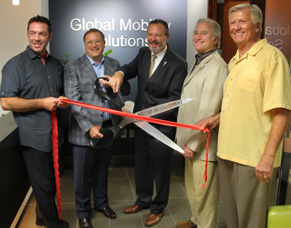 Global Mobility Solutions ribbon-cutting ceremony. (From left to right) Rich Ganley, GMS Founder and Board Member; Steven Wester, GMS President and Board Member; Jim Lane, Mayor of Scottsdale; Mark Hiegel, President and CEO of Scottsdale Chamber of Commerce; Steve Ziomek, GMS Founder, Designated Broker, and Board Member.