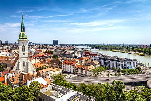 Bratislava, capital city of Slovakia, view of city skyline showing companies impacted by Slovakia Employment Rules Change for Non-EU Nationals