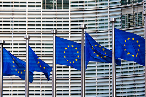 EU Flags on flagpoles flying in front of building, denotes residency rights
