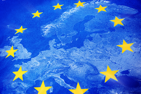 Blue map of European Union Countries and EU flag for EU Blue Card