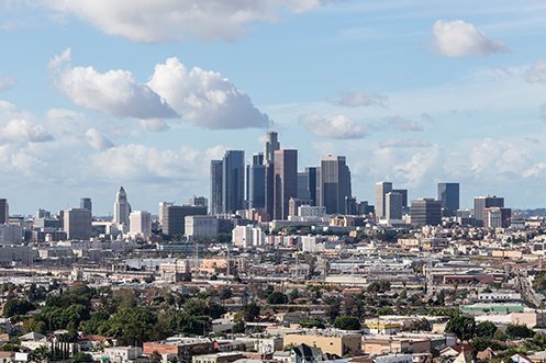 Skyline of city of Los Angeles, with Los Angeles housing options in view throughout the city