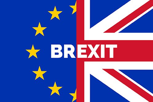 EU Flag and UK flag with Brexit in center, and with Brexit UK ends free movement