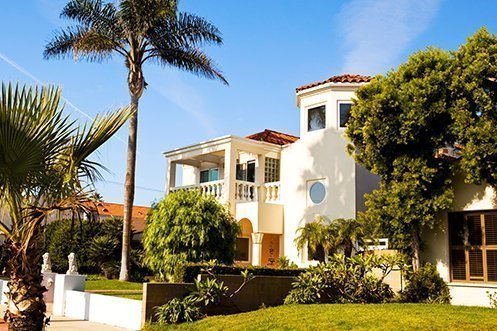 Los Angeles house, white stucco, tile roof, typical of many single family homes