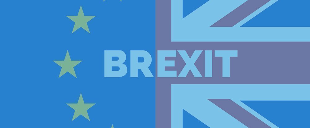EU Flag and UK flag with Brexit in center, and with Brexit UK ends free movement