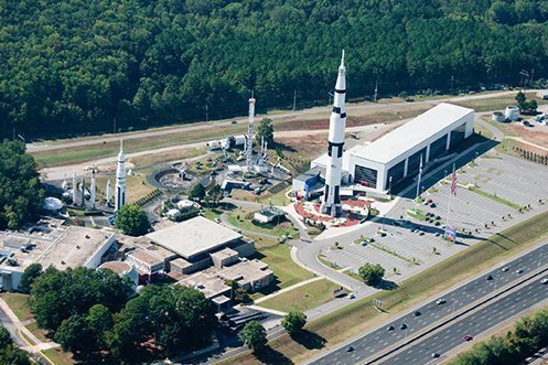 Overhead view of the Rocket Center located in Huntsville, Alabama