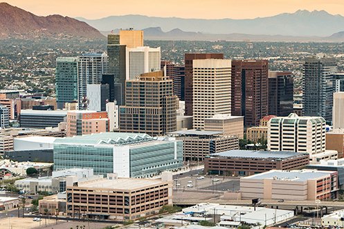 City skyline of Phoenix, Arizona, central business district in Maricopa County ranking at #1 on the 2020 regional competitiveness score