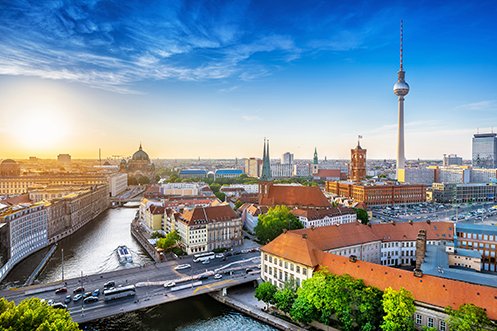 City skyline of Berlin, Germany where many UK nationals live and work