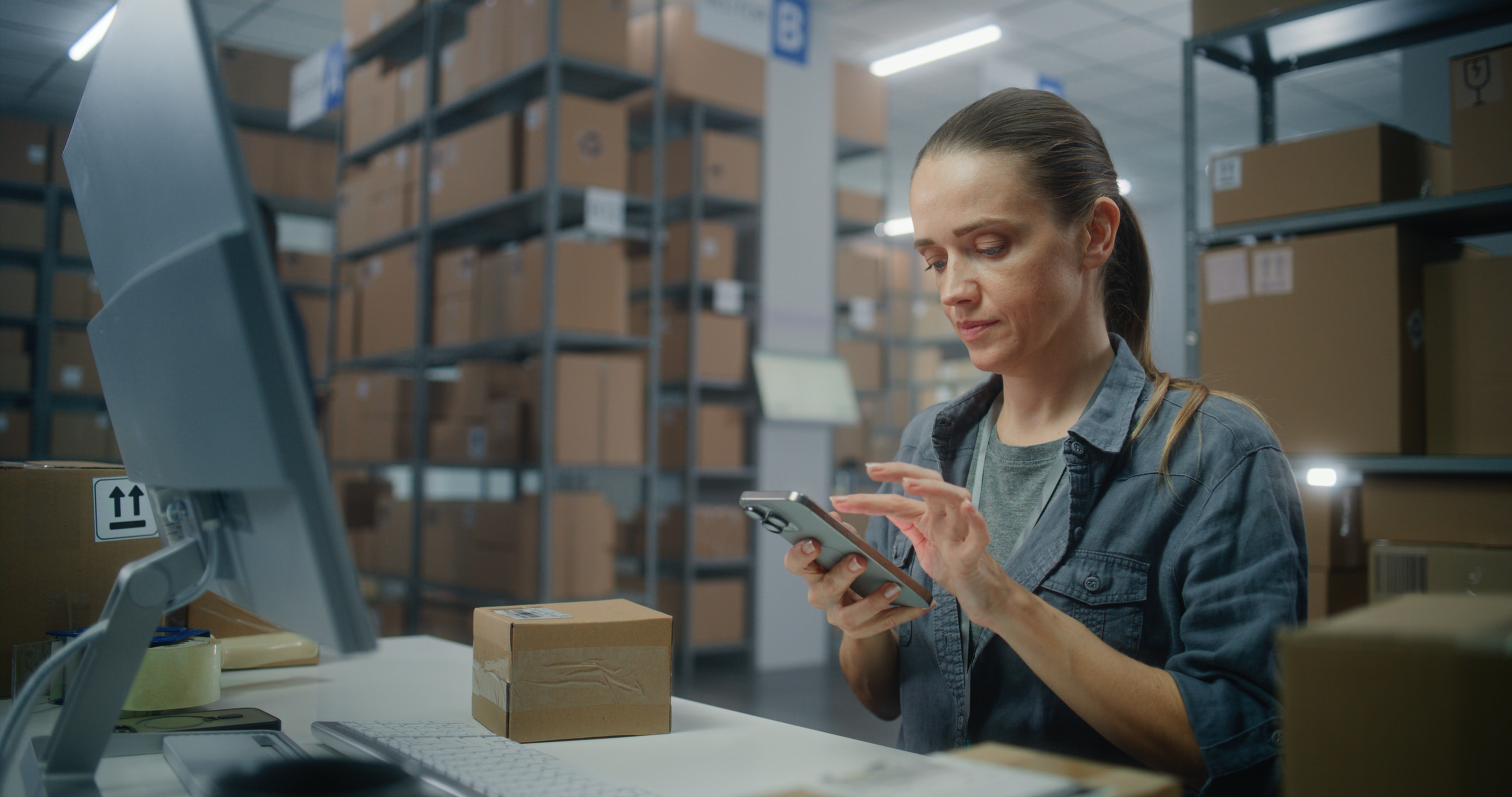Female logistics worker scans package
