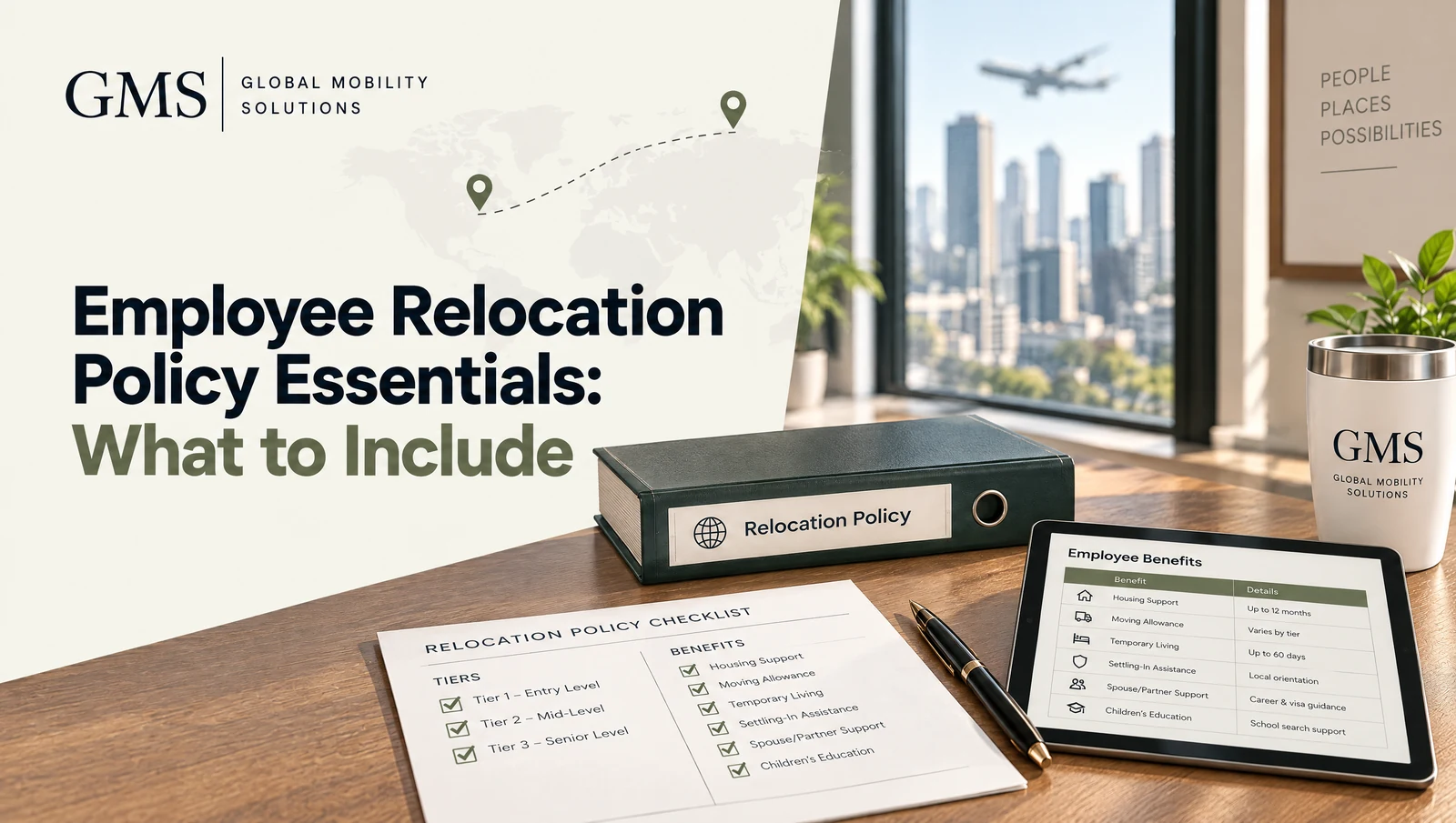 Relocation policy binder with tiered benefits checklist and tablet showing a benefits table