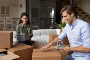 Couple sit on sofa pack their personal belongings