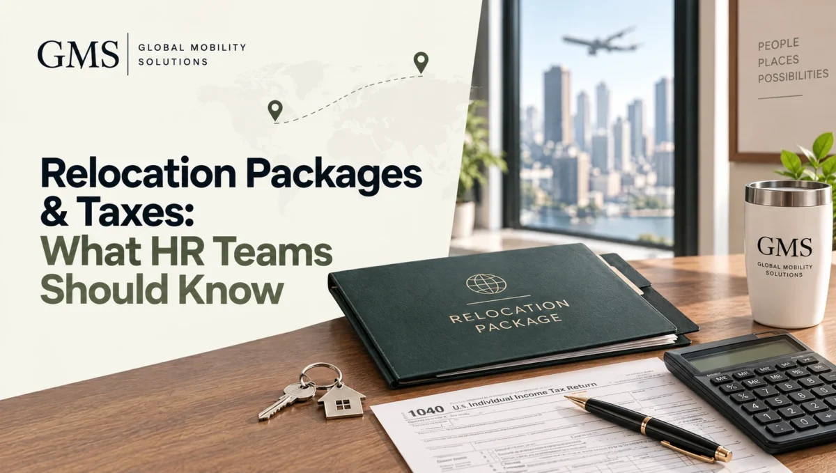 Relocation package folder with tax form, calculator and house keychain on a desk