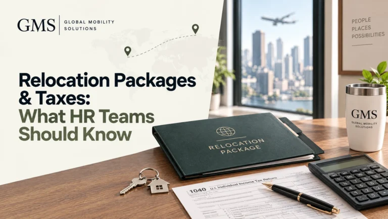 Relocation package folder with tax form, calculator and house keychain on a desk