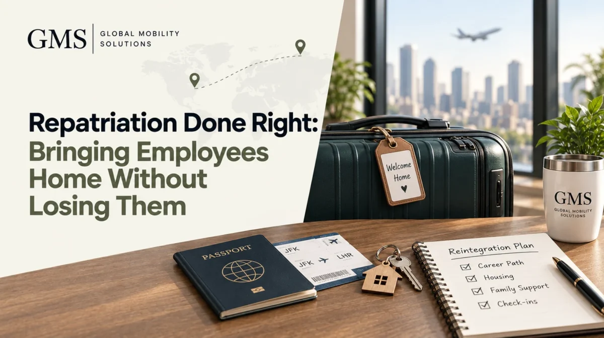Passport, packed suitcase with a Welcome Home tag, and a reintegration plan checklist for employees returning from an international assignment
