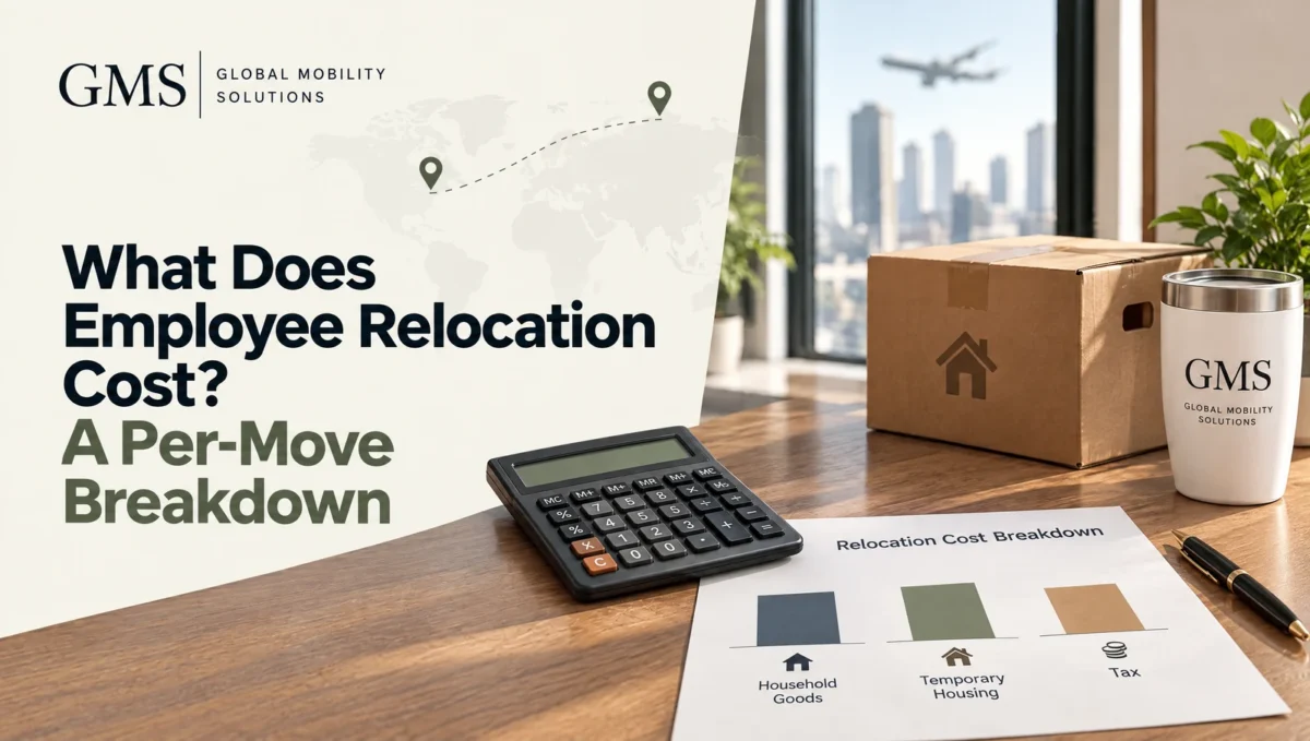Calculator, moving box and relocation cost breakdown chart for household goods, temporary housing and tax