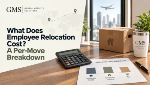 Calculator, moving box and relocation cost breakdown chart for household goods, temporary housing and tax