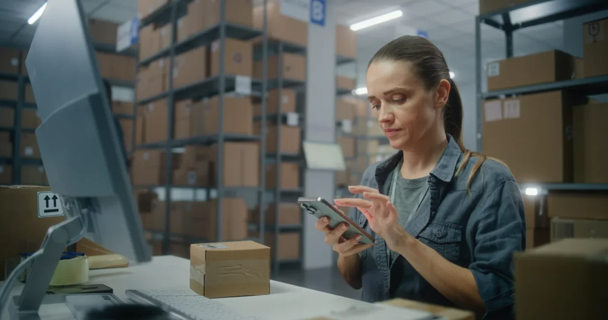Female logistics worker scans package
