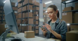 Female logistics worker scans package